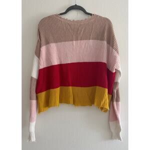 Fate Striped Distressed Raw Hem Low Back Sweater Large